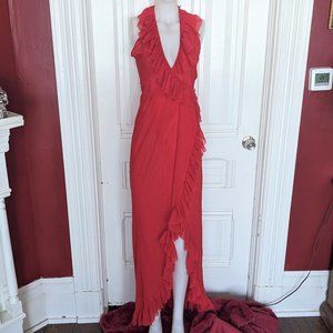 Forplay Red Mesh Ruffle Halter Gown